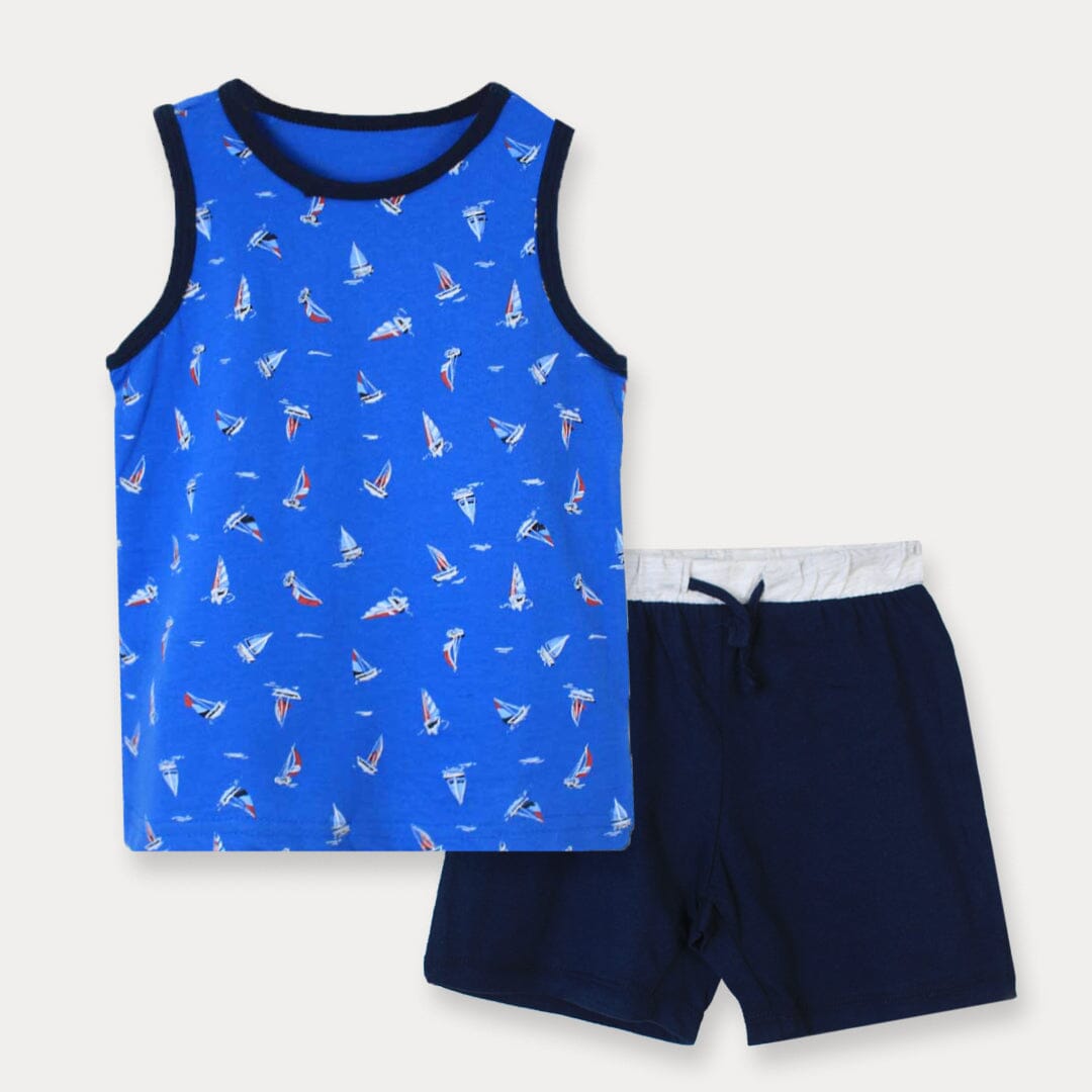 Stylish Blue Themed Pair Of Sando & Short For Boys Boy Clothes Pairs Iluvlittlepeople 3-4 Years Blue Summer