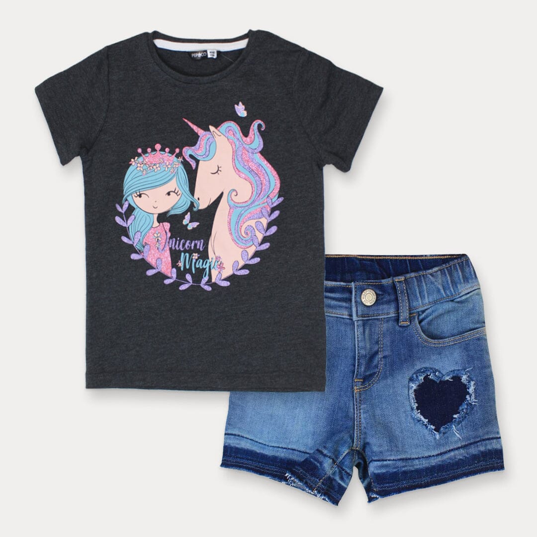 Dashing Grey Themed Pair Of T-Shirt & Short For Girls Girl Clothes Pair Iluvlittlepeople 2-3 Years Grey Summer