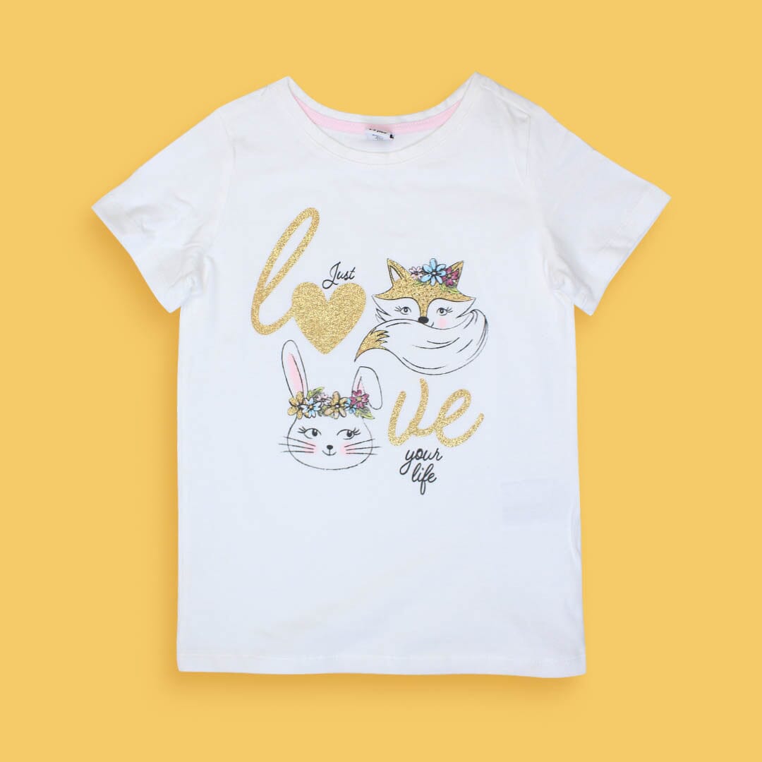 Little Girl Cat & Bunny T-Shirt T-Shirt Iluvlittlepeople 3-4 Years White Cotton