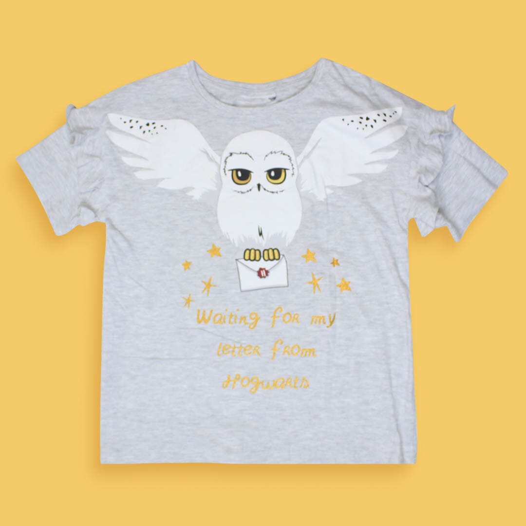 Little Girl Owl Print T-Shirt T-Shirt Iluvlittlepeople 6-7 Years Grey Cotton