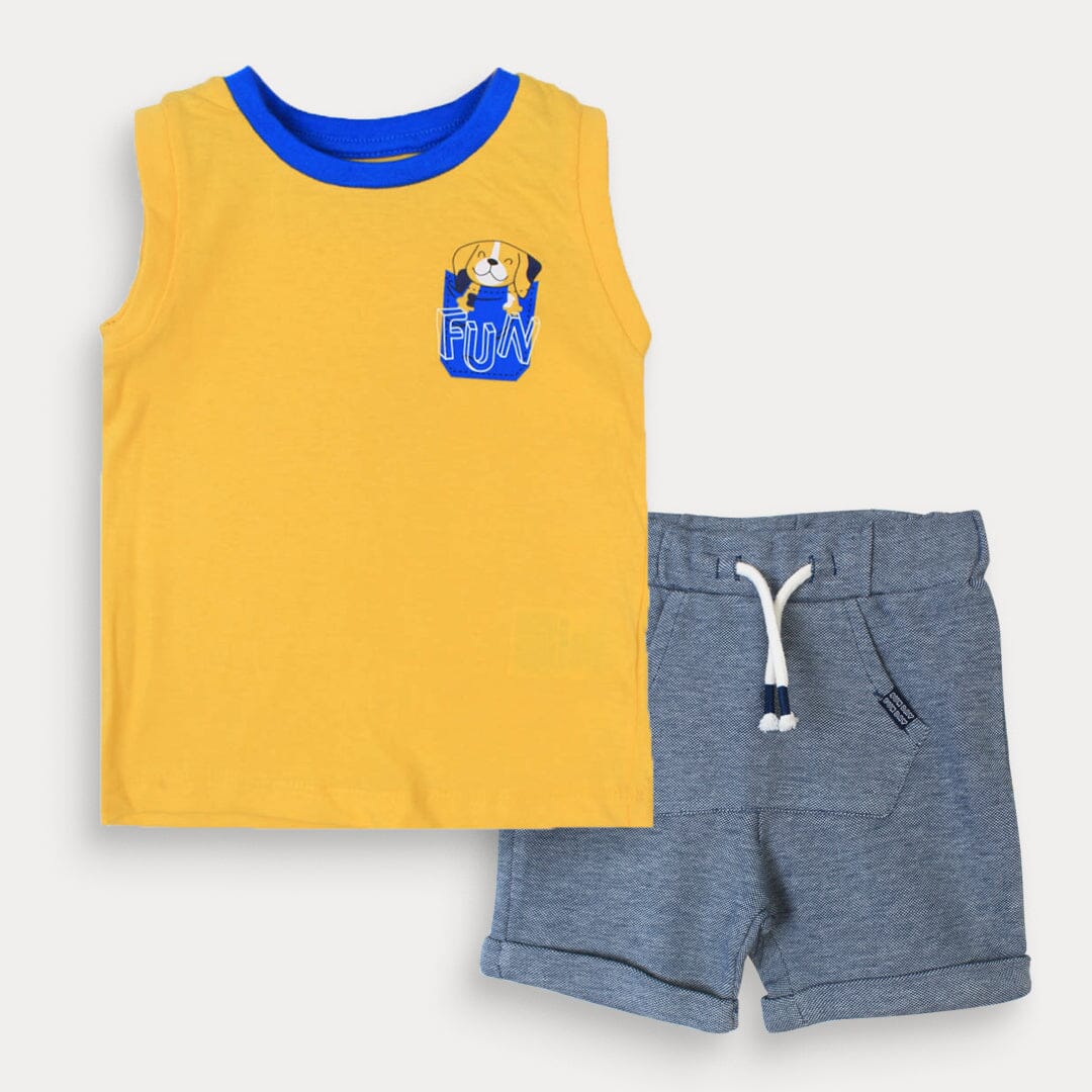Stylish Yellow Themed Pair Of Sando & Short For Boys Boy Clothes Pairs Iluvlittlepeople 9-12 Months Yellow Summer