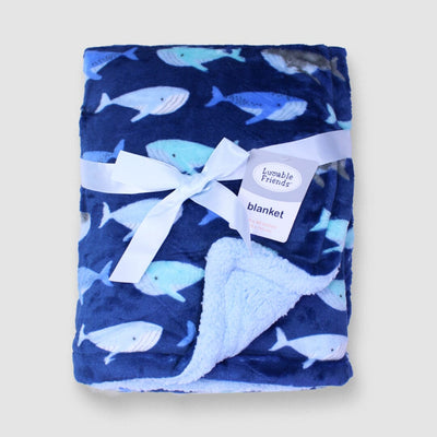 Navy Blue Whale Velour Baby Blanket Blankets Iluvlittlepeople 0-6Month Blue Polyester